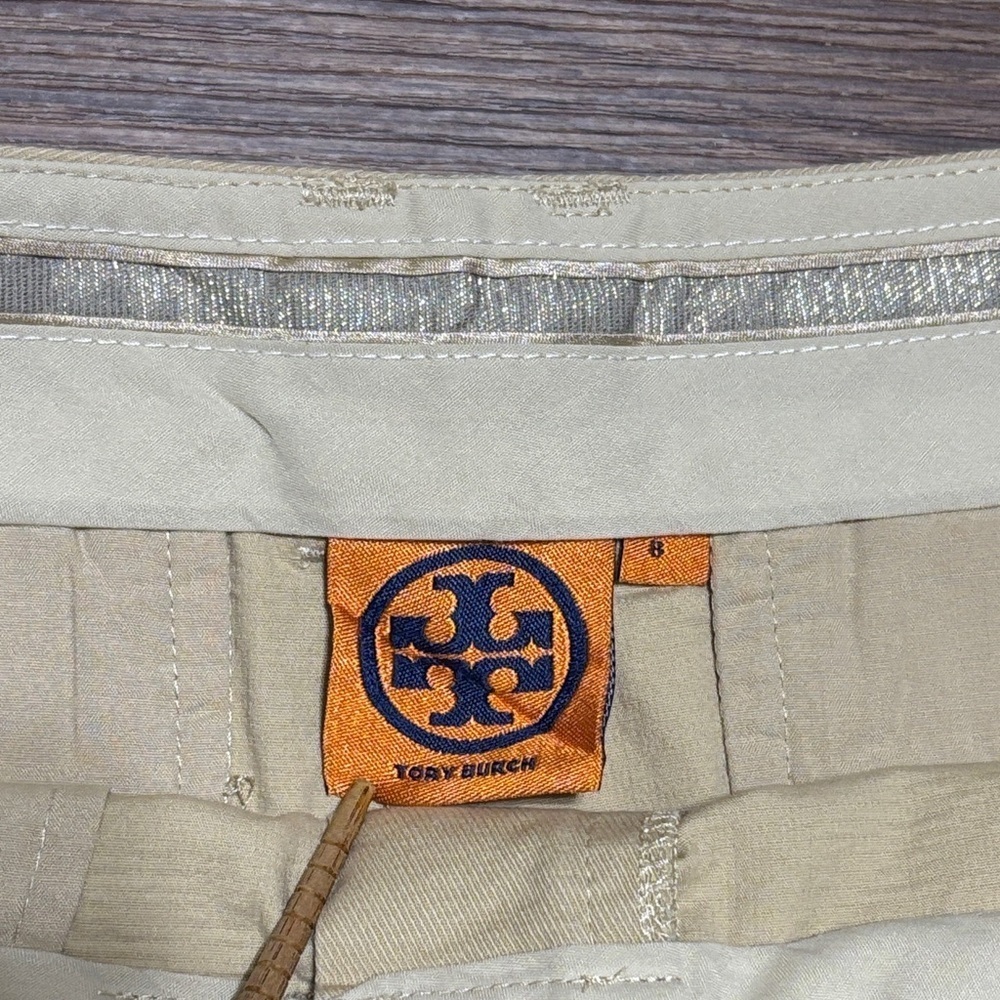 Tory Burch Tan Shorts White Lace Side Panels High Waist Size 8 Summer Chic - Picture 2 of 6